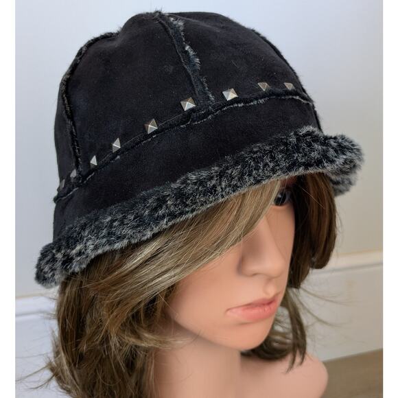 Cejon Bucket Hat Black Faux Suede Fur Studded Winter Warm Cozy Indie Edgy Y2K - Picture 3 of 13